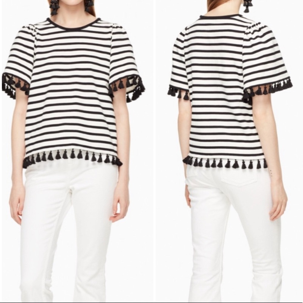 KATE SPADE: NWT Broome St Stripe Flutter Sleeve Tassel Top - Size XS (oversized)
